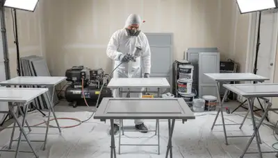Professional cabinet painting process in Marietta, GA using spray and brush for smooth kitchen finishes
