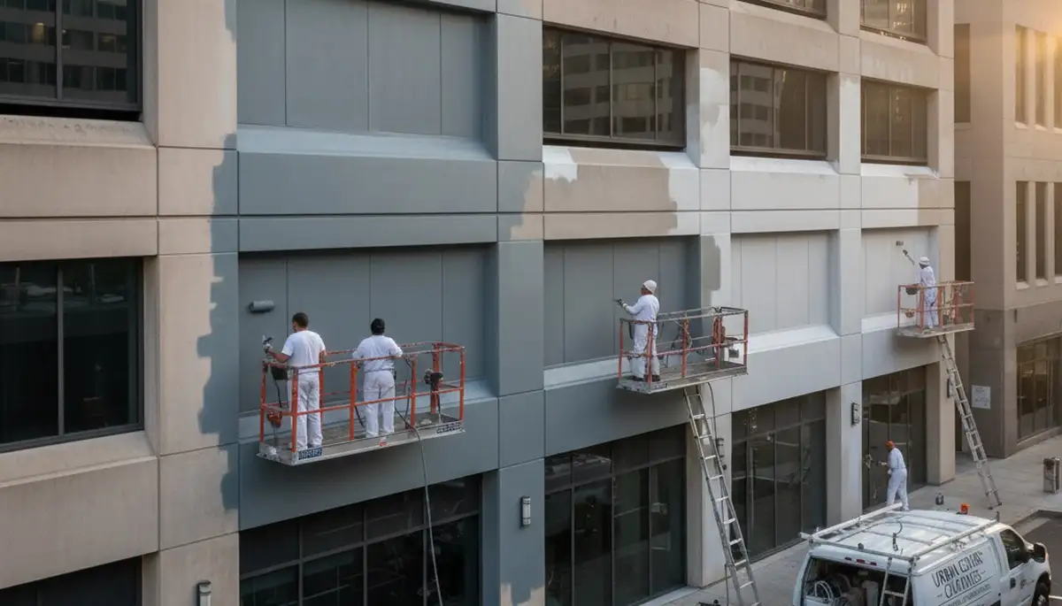 Professional commercial painters working on office building exterior in Marietta, GA