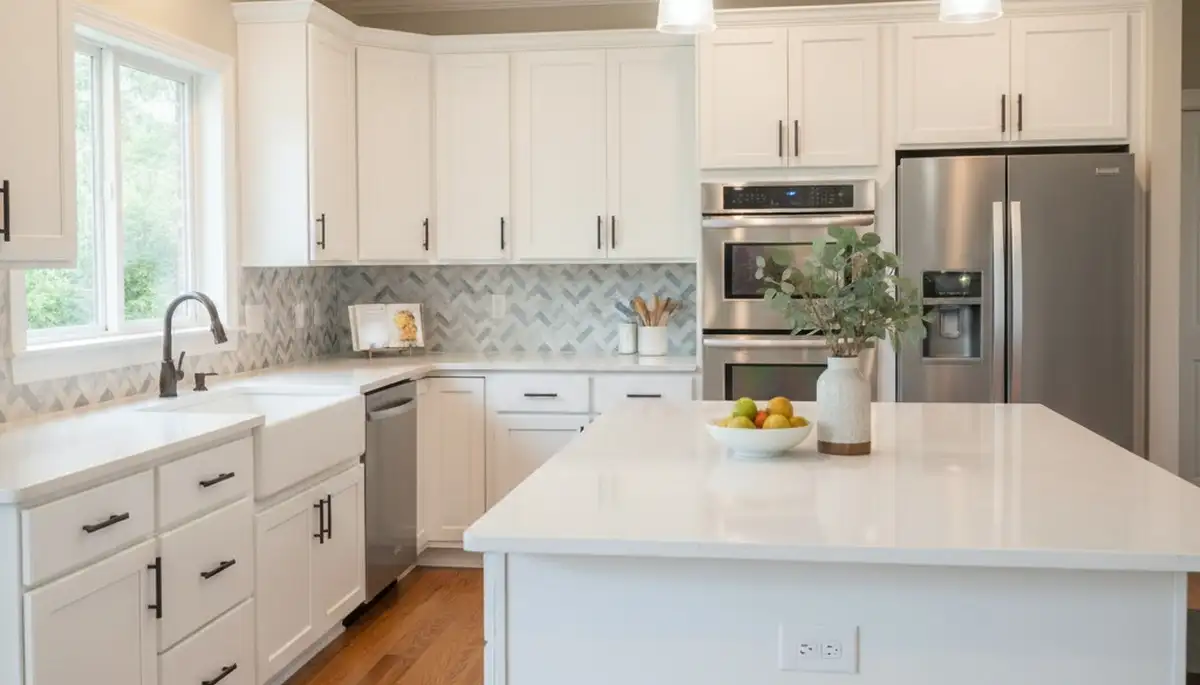Refinished kitchen cabinets with smooth modern finish by house painters in Marietta, GA