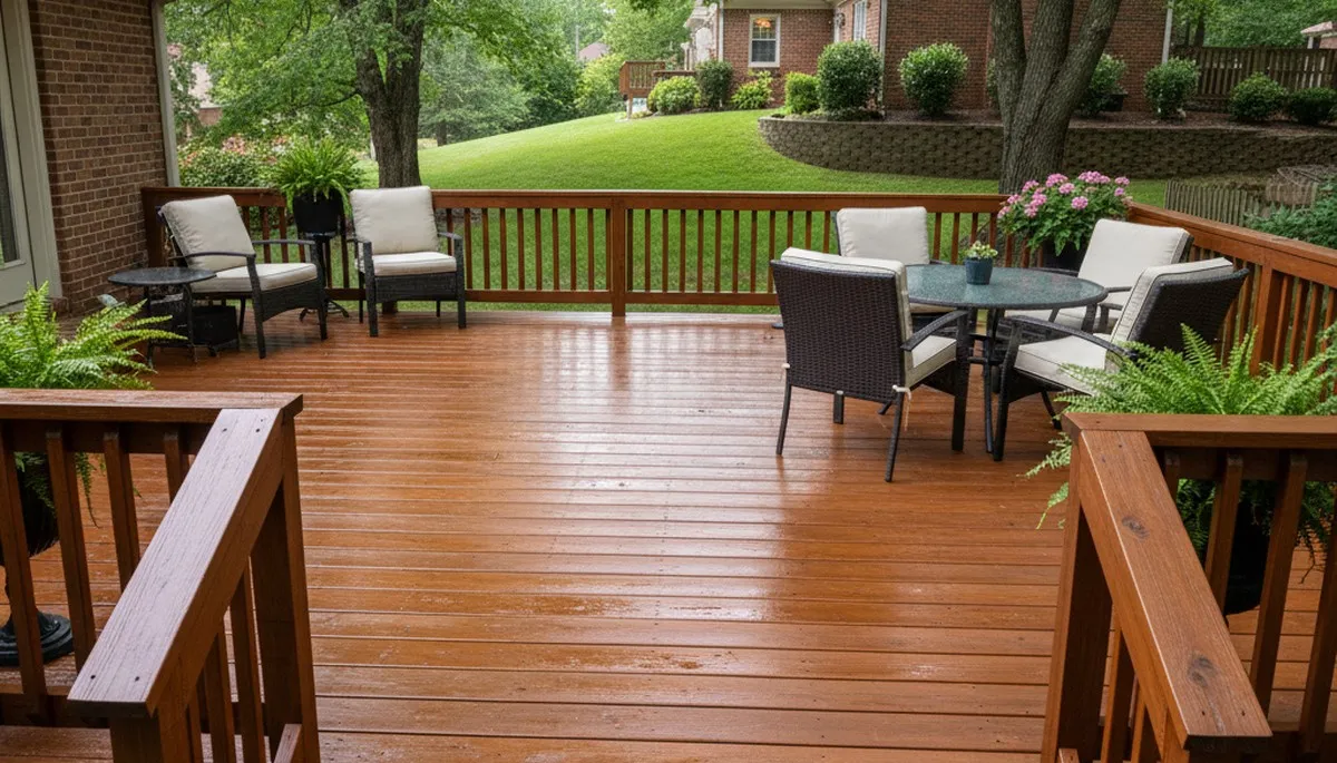 Finished deck staining in Marietta, GA showing rich wood color and expert weather-resistant protection