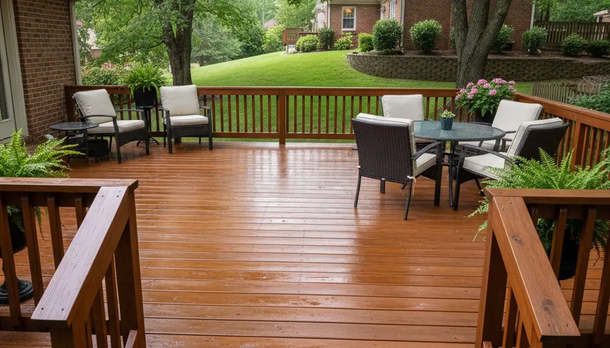 Finished deck staining in Marietta, GA showing rich wood color and expert weather-resistant protection