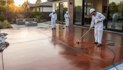 Professional concrete staining on residential patio in Marietta, GA by local house painting experts