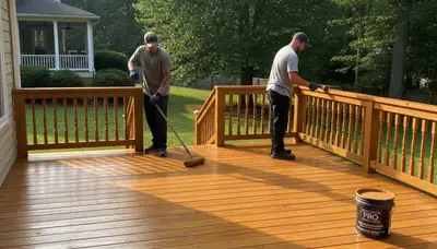 Professional painter applying protective deck stain on wood surface in Marietta, GA backyard