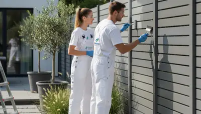 Professional fence painters staining wood fence in Marietta, GA for durable outdoor protection