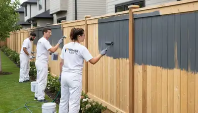 Professional fence painters staining a wooden fence in Marietta, GA for lasting curb appeal