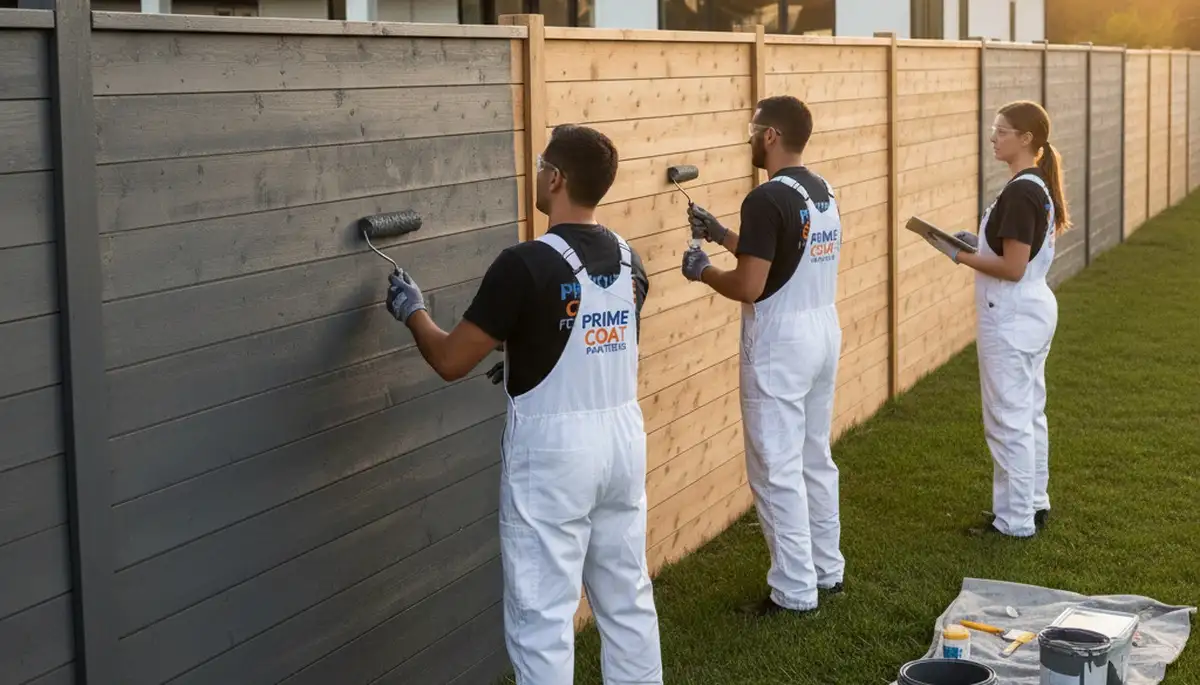 Professional fence painters in Marietta, GA applying durable wood stain for lasting curb appeal
