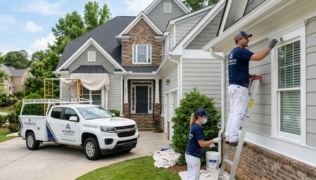 Professional exterior house painters working in Marietta, GA applying fresh paint to home siding