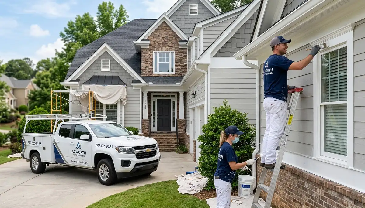 Professional exterior house painters working in Marietta, GA applying fresh paint to home siding