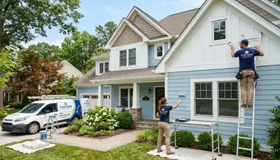 Professional house painters in Marietta GA applying fresh exterior paint to a suburban home façade