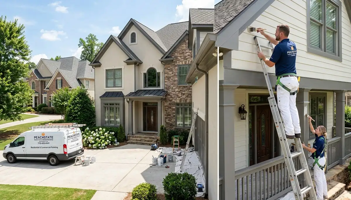 Professional house painters working on exterior home repaint in Marietta, GA