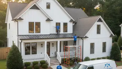 Professional house painters finishing exterior home in Marietta, GA