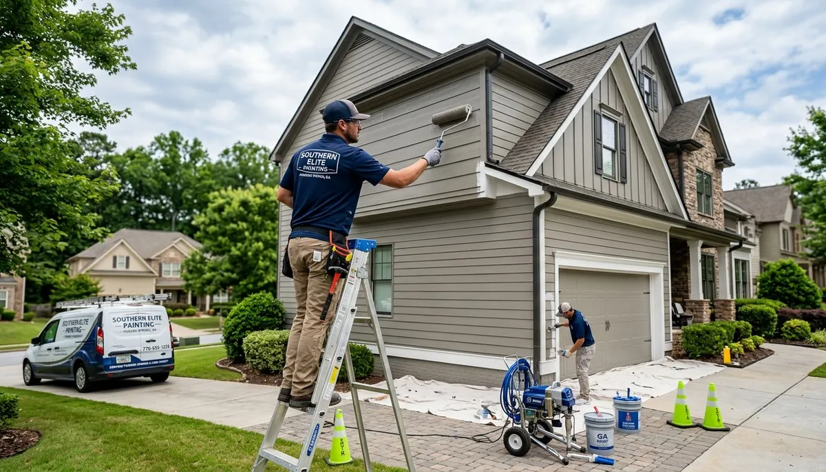 Professional house painters working on exterior home in Marietta, GA