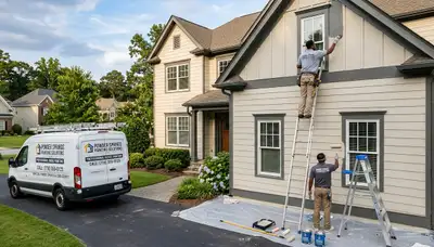 Professional house painters working on exterior home repaint in Marietta, GA