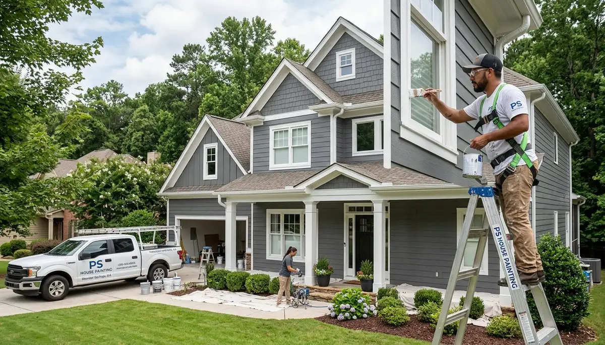Professional house painters working on residential exterior in Marietta, GA