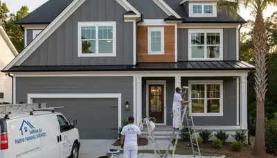 Professional house painters in Marietta GA applying exterior paint to a residential home