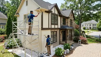 Professional house painters in Marietta GA applying fresh exterior paint to a suburban home