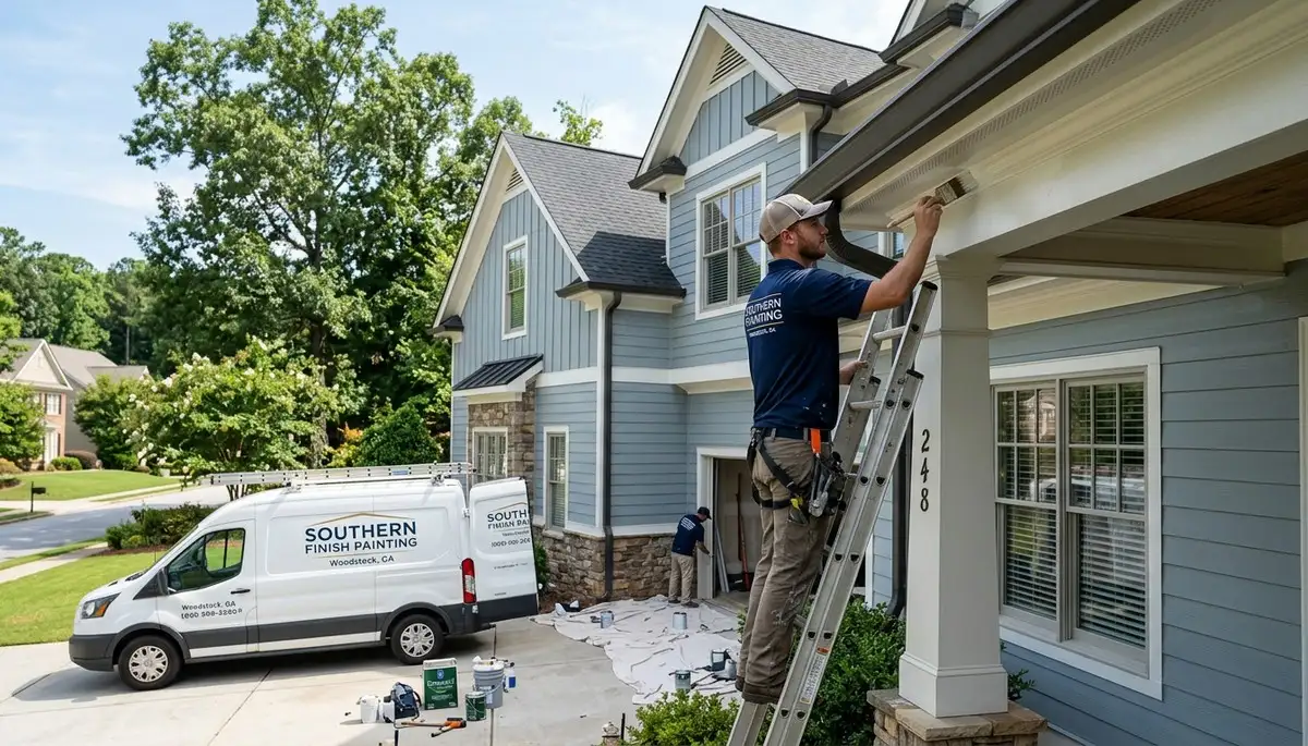 Professional house painters working on exterior home repaint in Marietta, GA