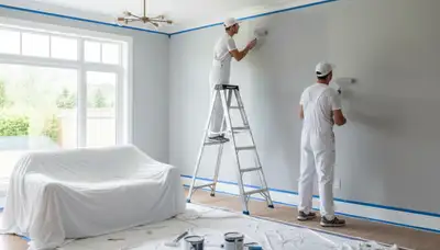 Professional interior house painters working in Marietta, GA home living room repaint project