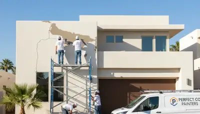 Professional stucco repair and painting on residential home exterior in Marietta, GA
