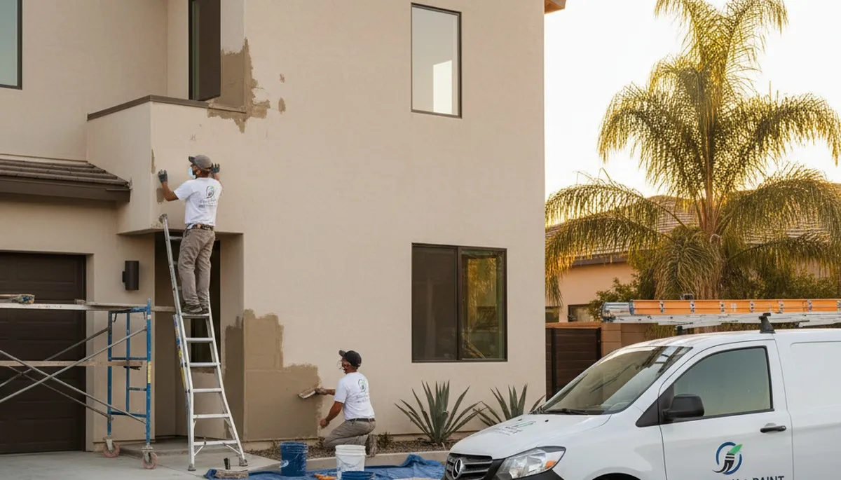 Professional stucco repair and restoration on a Marietta, GA home exterior by expert painters
