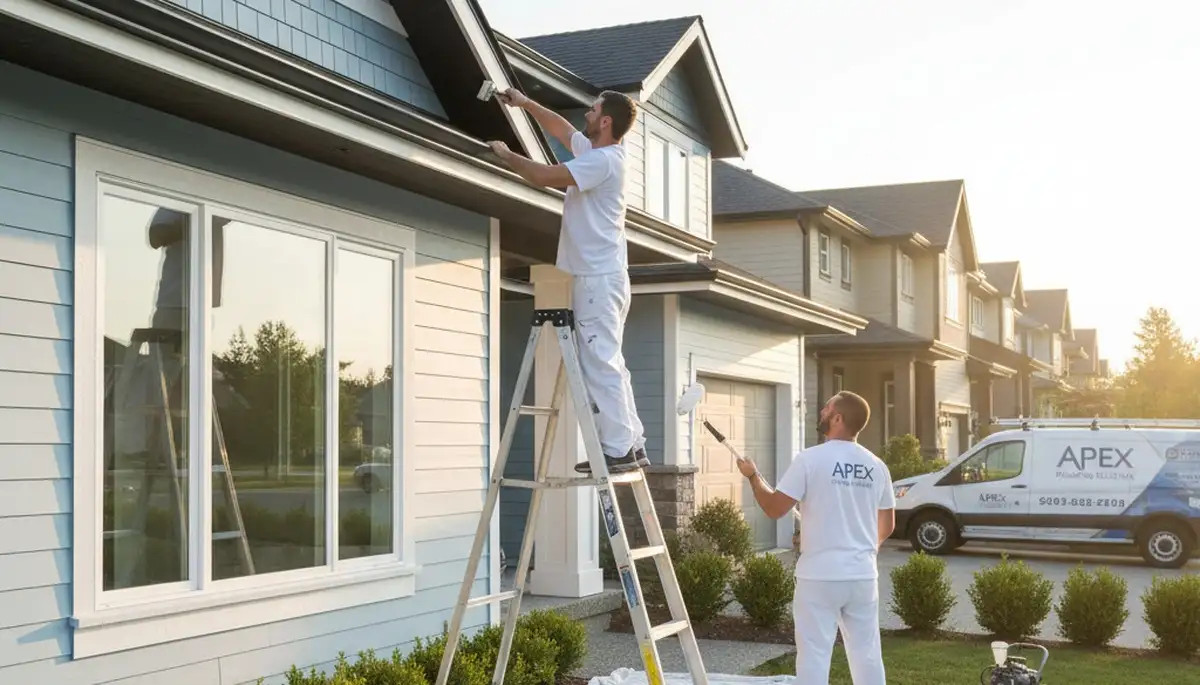 Professional trim and fascia painting on a Marietta, GA home exterior by expert local painters