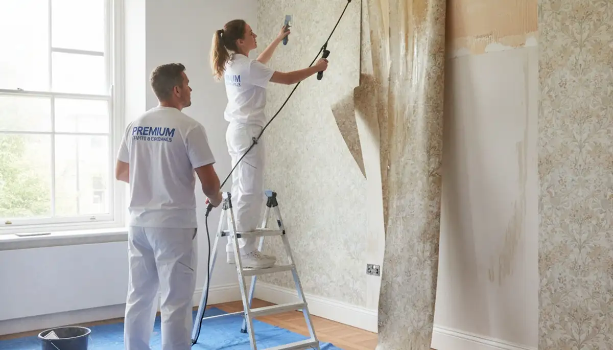 Professional wallpaper removal service by house painters in Marietta, GA preparing walls for painting